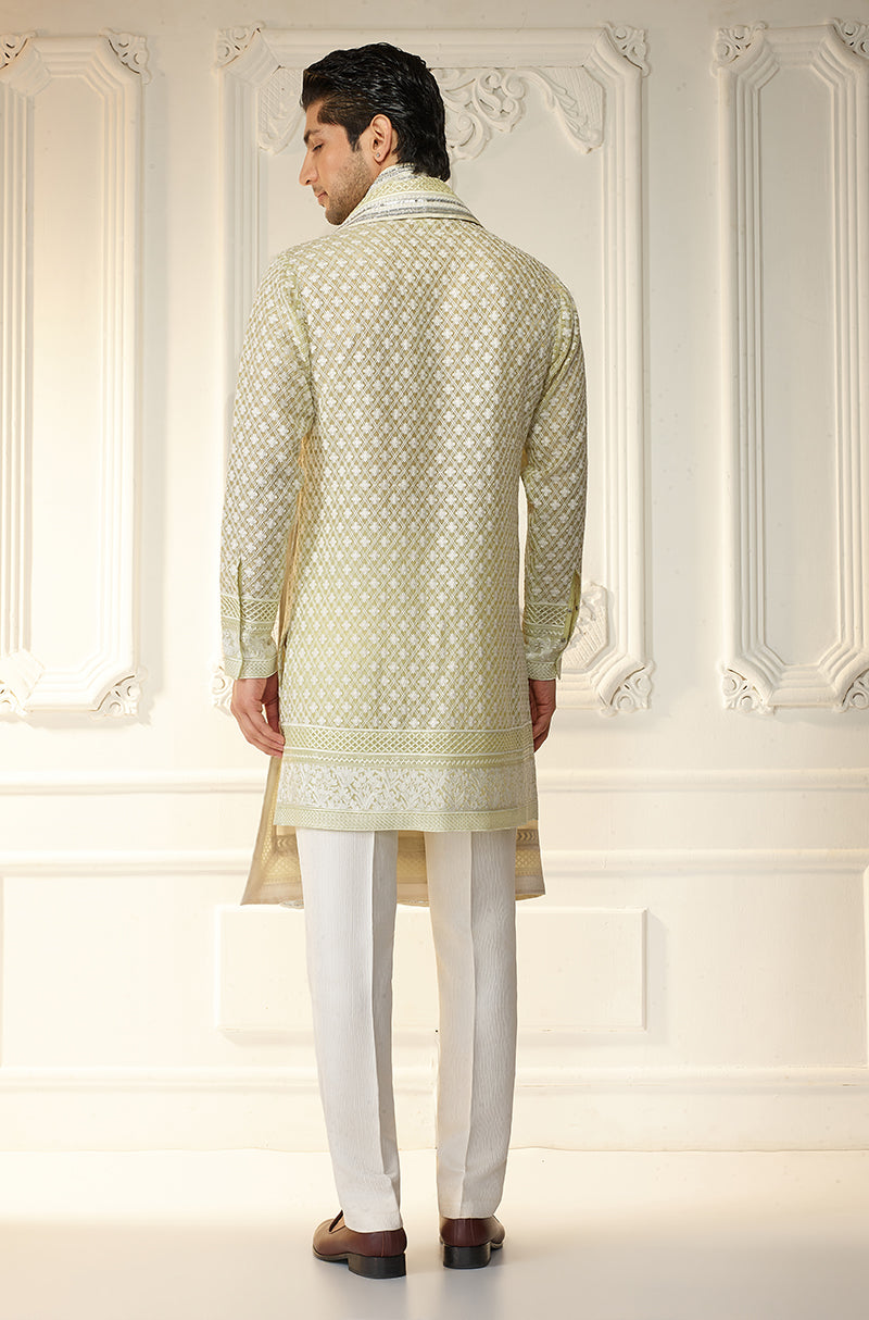 Lime Green Lattice Threadwork Kurta Set