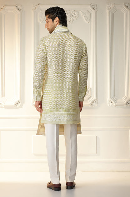Lime Green Lattice Threadwork Kurta Set