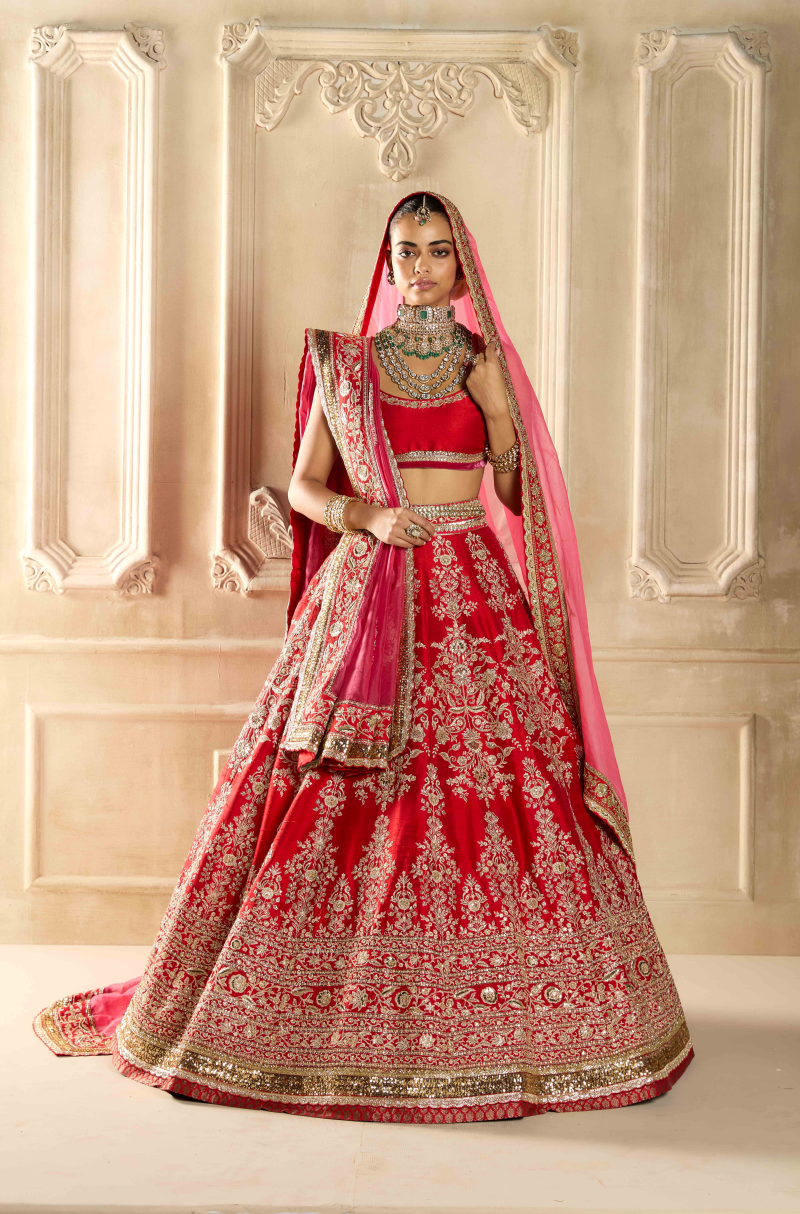 Red Silk Embroidered Lehenga Set