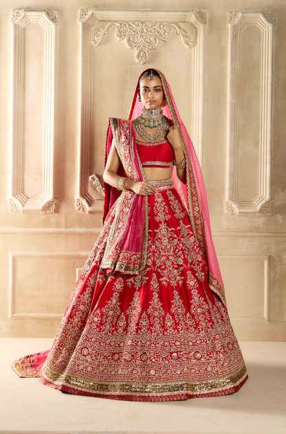 Red Silk Embroidered Lehenga Set