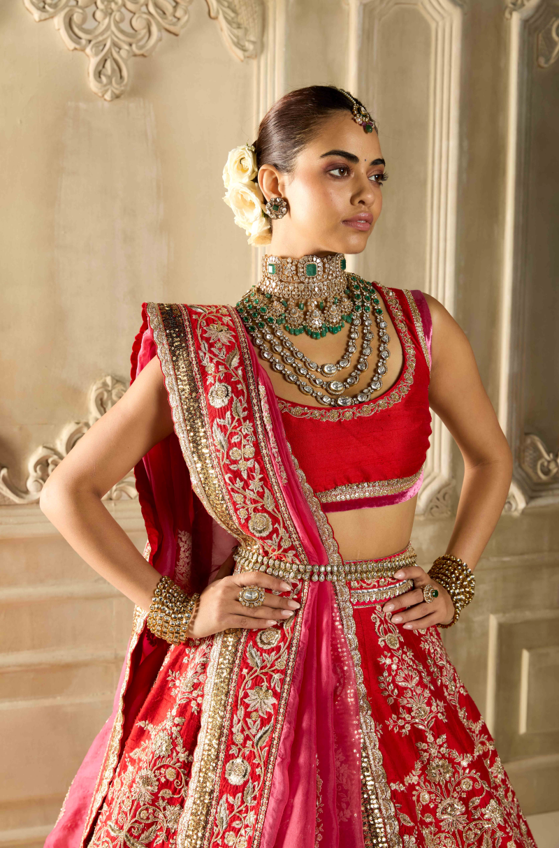 Red Silk Embroidered Lehenga Set
