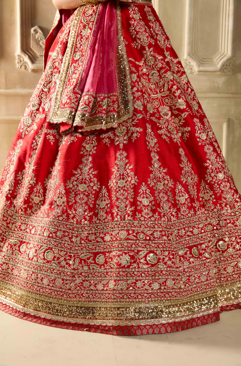 Red Silk Embroidered Lehenga Set