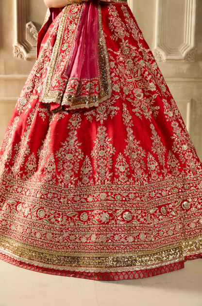 Red Silk Embroidered Lehenga Set