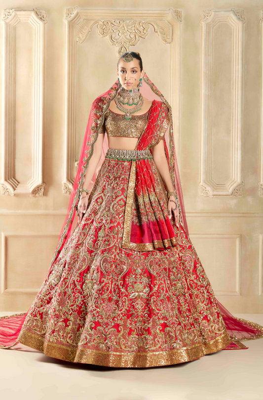 Red Raw Silk Embroidered Lehenga Set