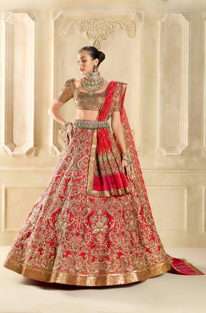 Red Raw Silk Embroidered Lehenga Set