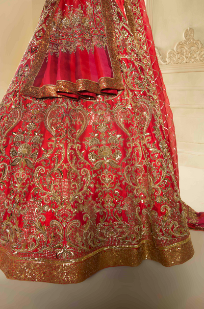 Red Raw Silk Embroidered Lehenga Set