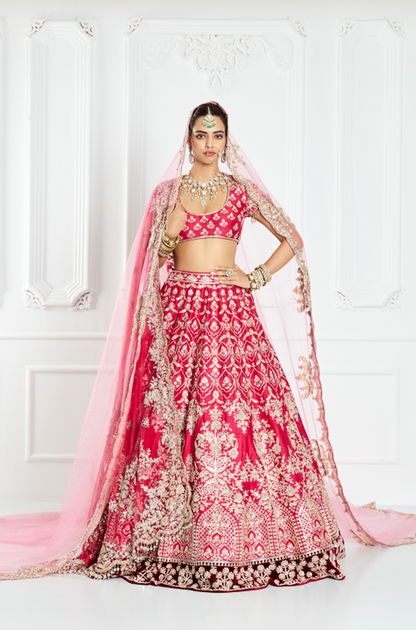 Watermelon Red Silk Lehenga Set