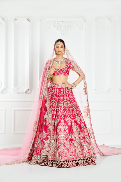 Watermelon Red Silk Lehenga Set