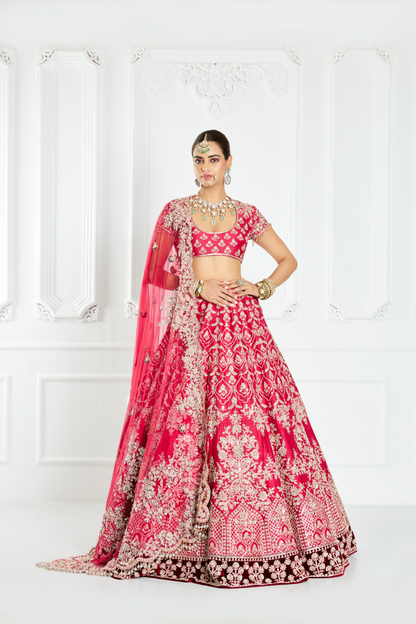 Watermelon Red Silk Lehenga Set