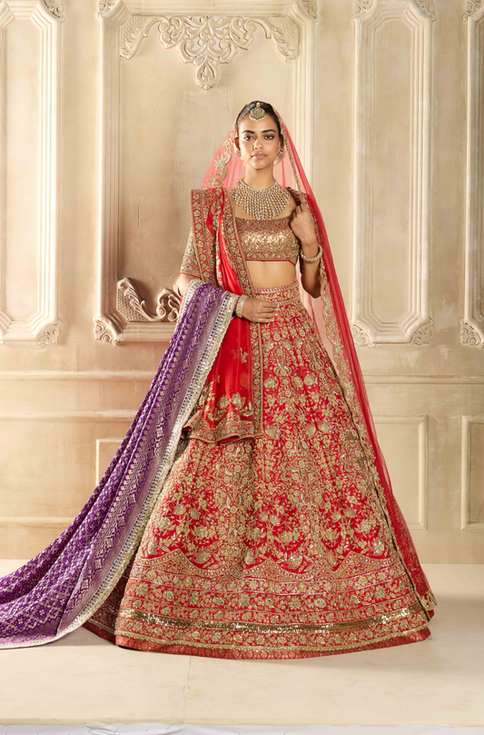 Red Embroidered Lehenga Set