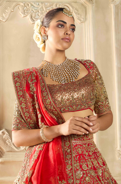 Red Embroidered Lehenga Set