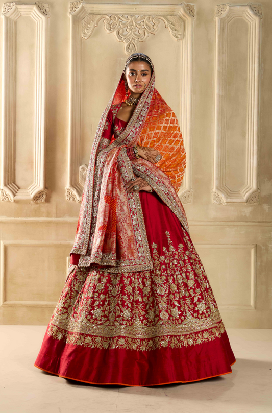 Red Silk Embroidered Lehenga Set