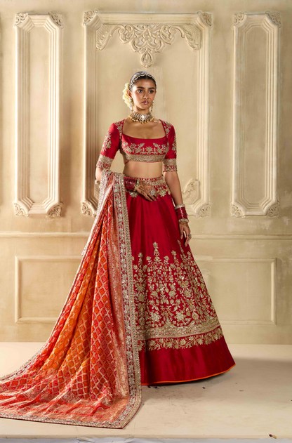 Red Silk Embroidered Lehenga Set