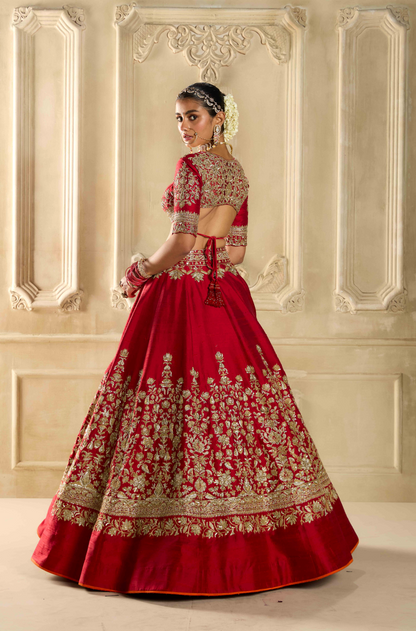 Red Silk Embroidered Lehenga Set