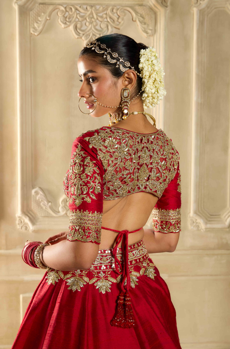 Red Silk Embroidered Lehenga Set