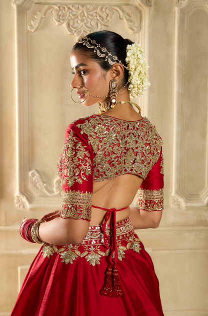 Red Silk Embroidered Lehenga Set