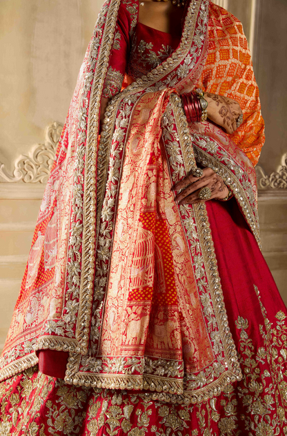 Red Silk Embroidered Lehenga Set