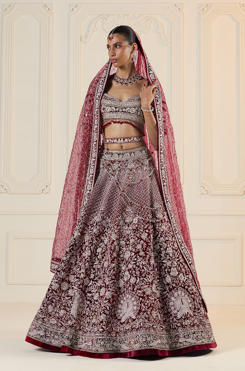 Bordeaux & Silver Jaal Embroidered Lehenga Set