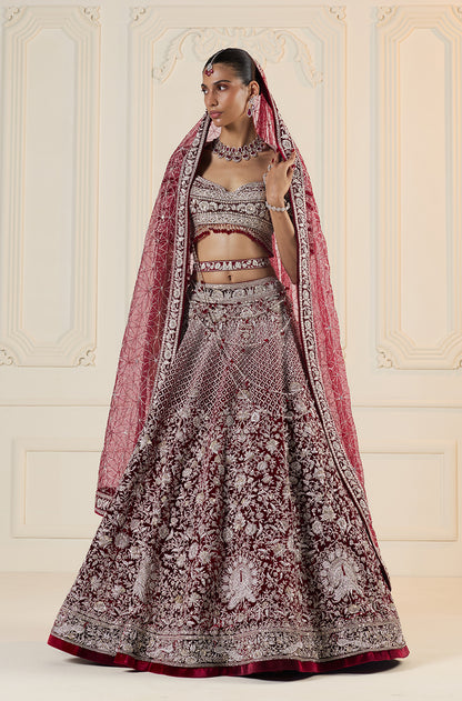 Bordeaux & Silver Jaal Embroidered Lehenga Set