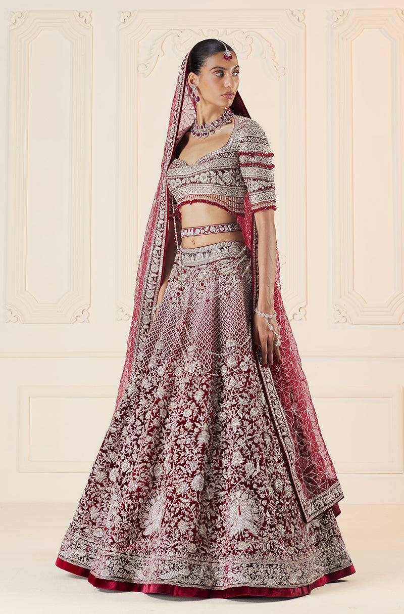 Bordeaux & Silver Jaal Embroidered Lehenga Set