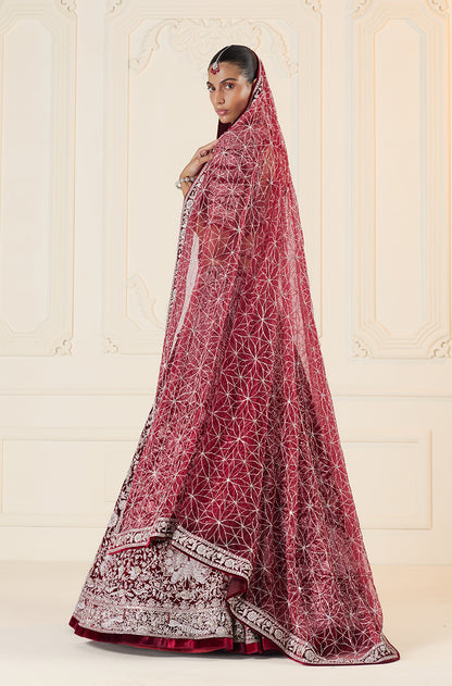 Bordeaux & Silver Jaal Embroidered Lehenga Set