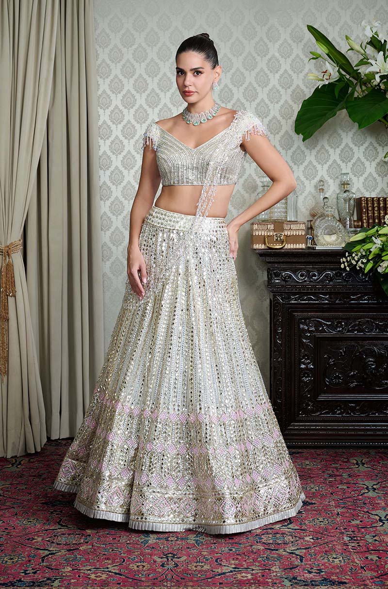 Off White Net Embroidered Lehenga Set