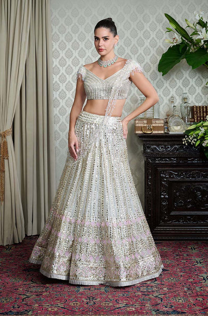Off White Net Embroidered Lehenga Set