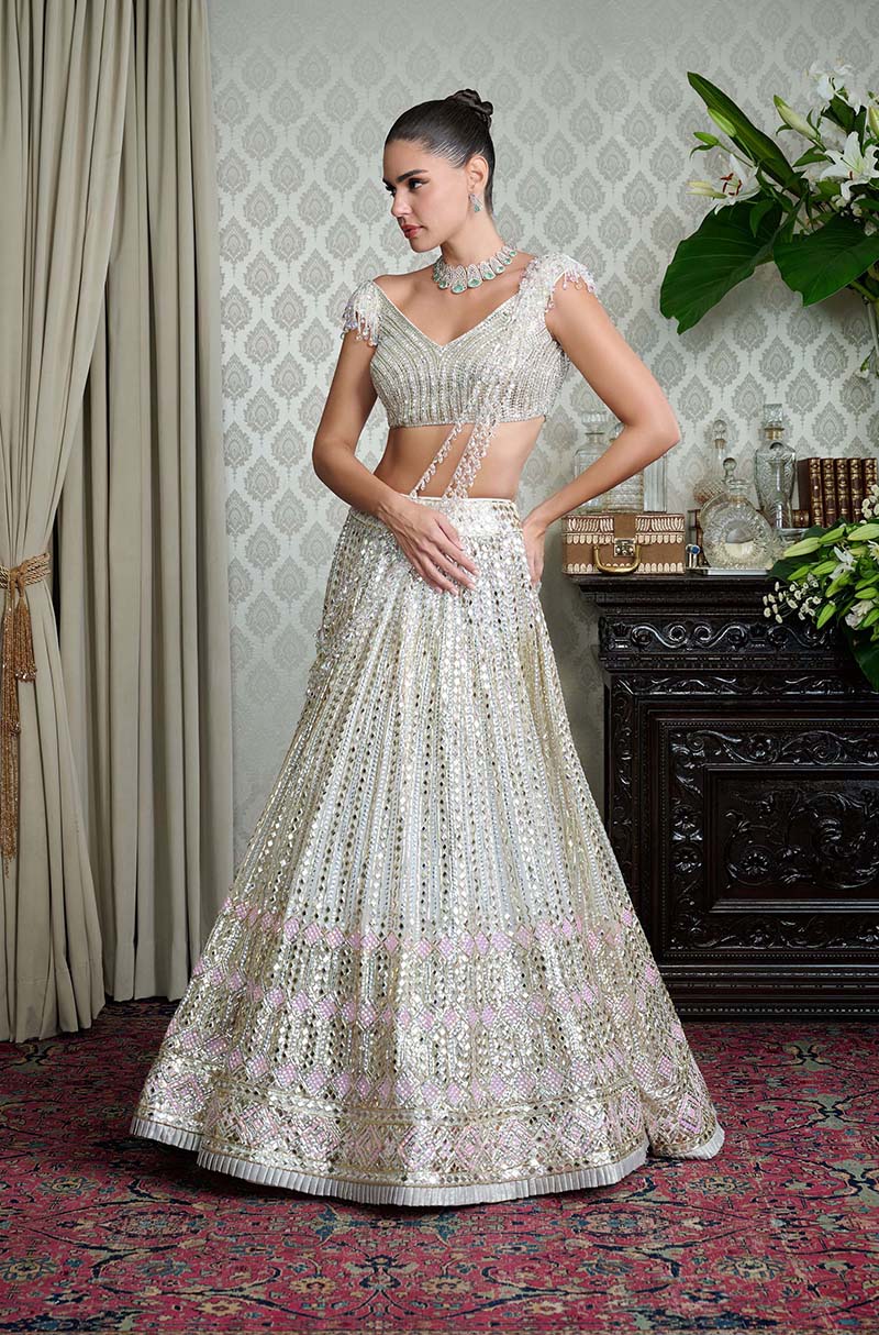 Off White Net Embroidered Lehenga Set