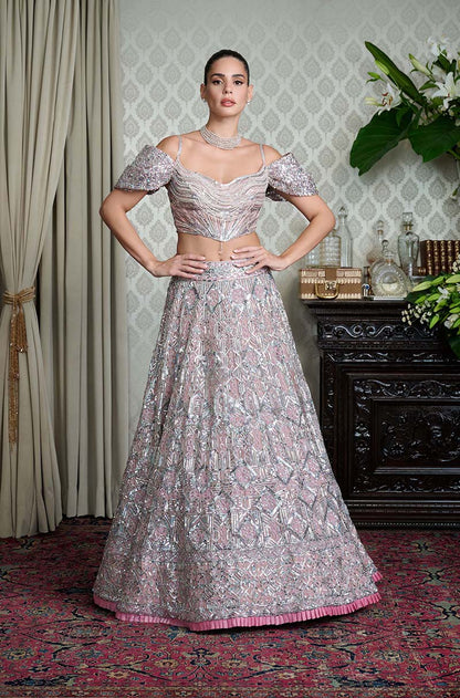 Rose Pink Net With Taban Embroidered Lehenga Set