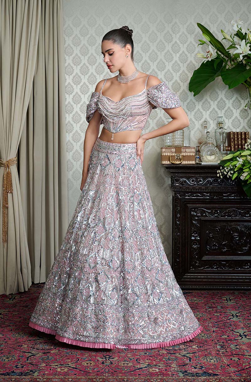 Rose Pink Net With Taban Embroidered Lehenga Set