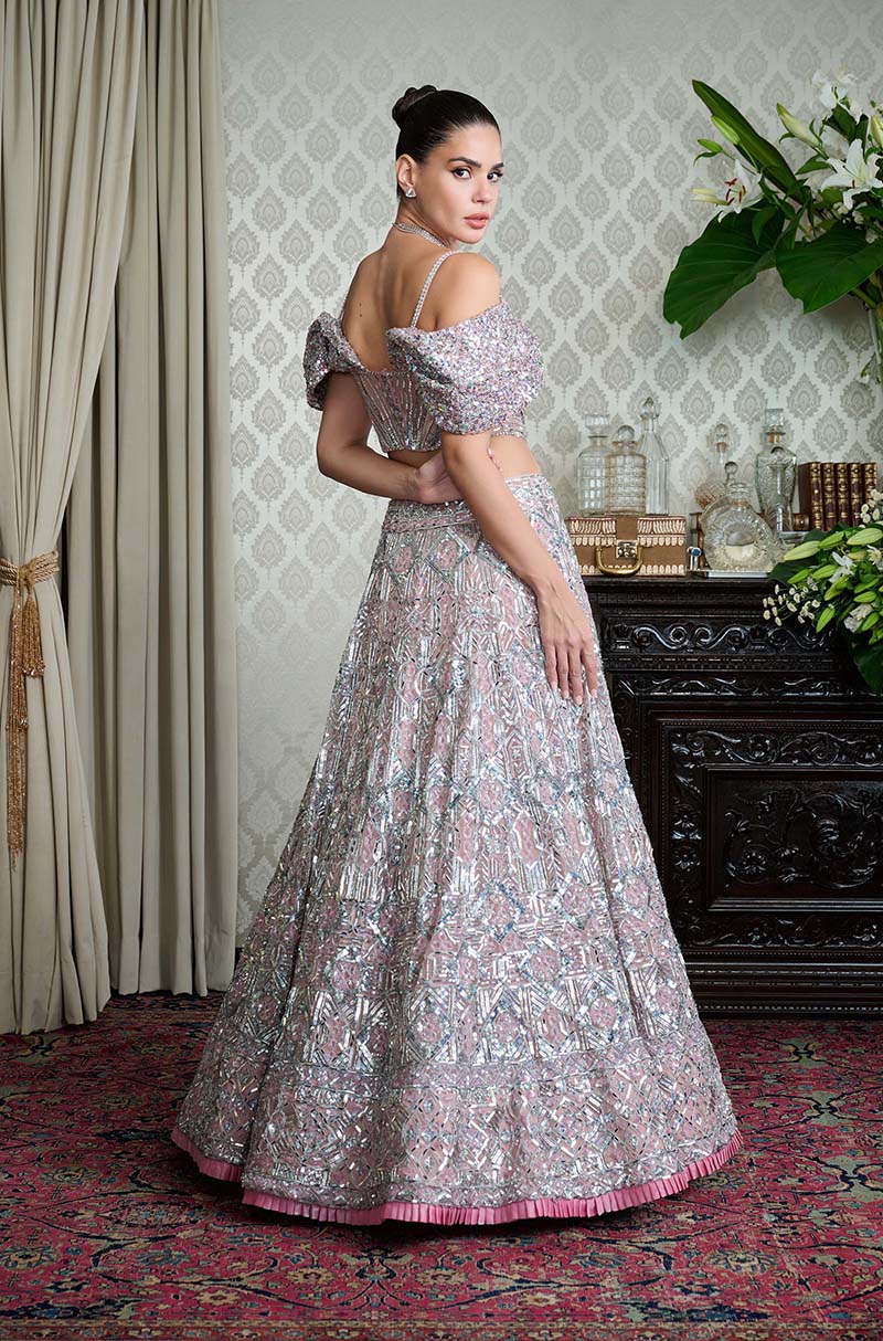 Rose Pink Net With Taban Embroidered Lehenga Set