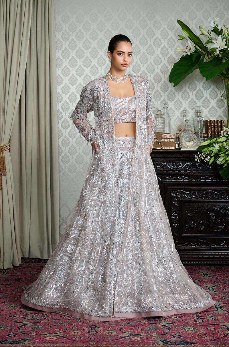 Grey Net Taban Embroidered Lehenga Set