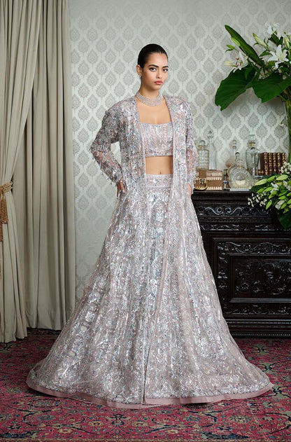 Grey Net Taban Embroidered Lehenga Set