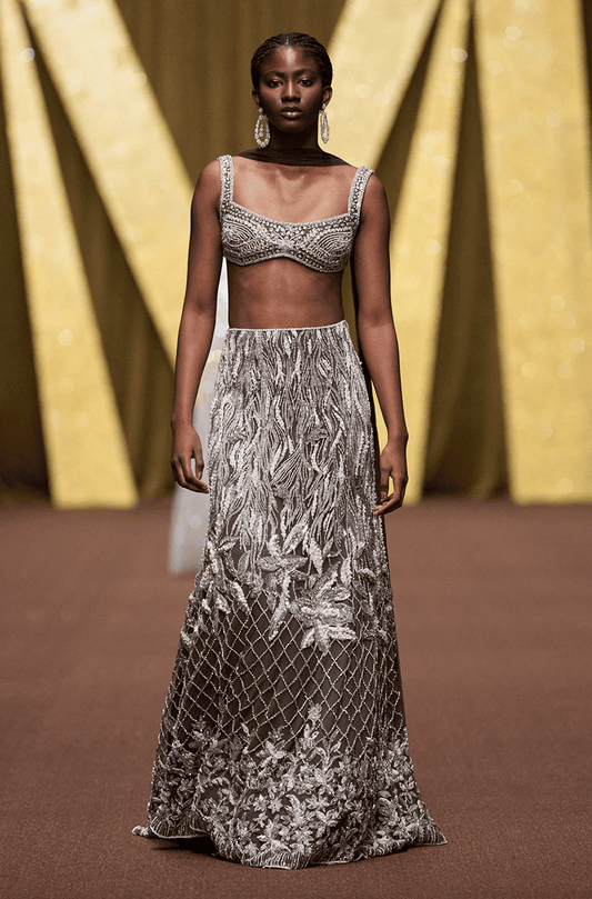 Ash Grey Crystal Floral Slim Skirt Set