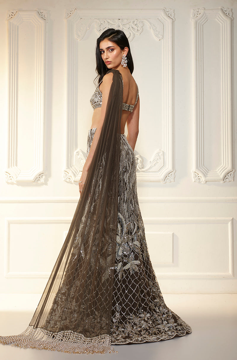 Ash Grey Crystal Floral Slim Skirt Set