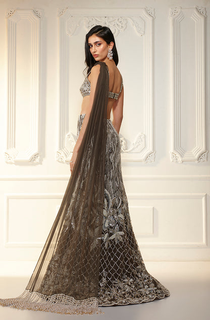 Ash Grey Crystal Floral Slim Skirt Set