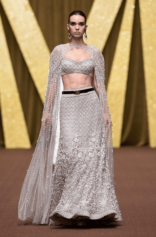 Grey Tulle Embroidered Fish Cut Skirt Set