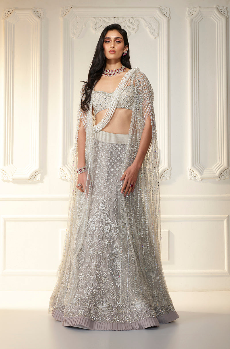 Grey Tulle Embroidered Fish Cut Skirt Set