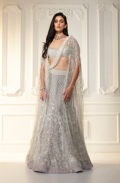 Grey Tulle Embroidered Fish Cut Skirt Set