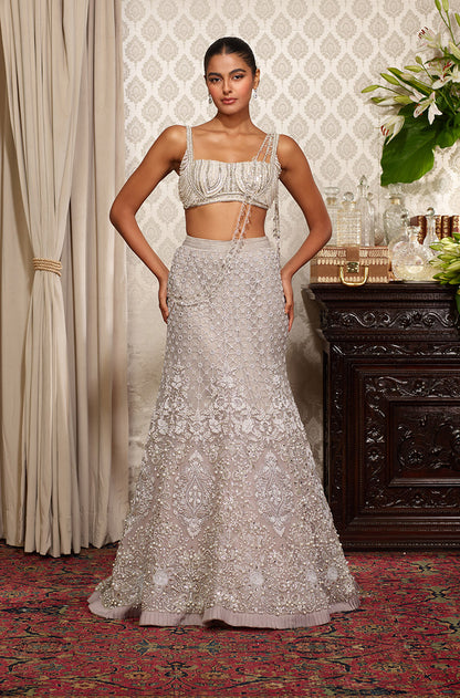 Grey Tulle Embroidered Fish Cut Skirt Set