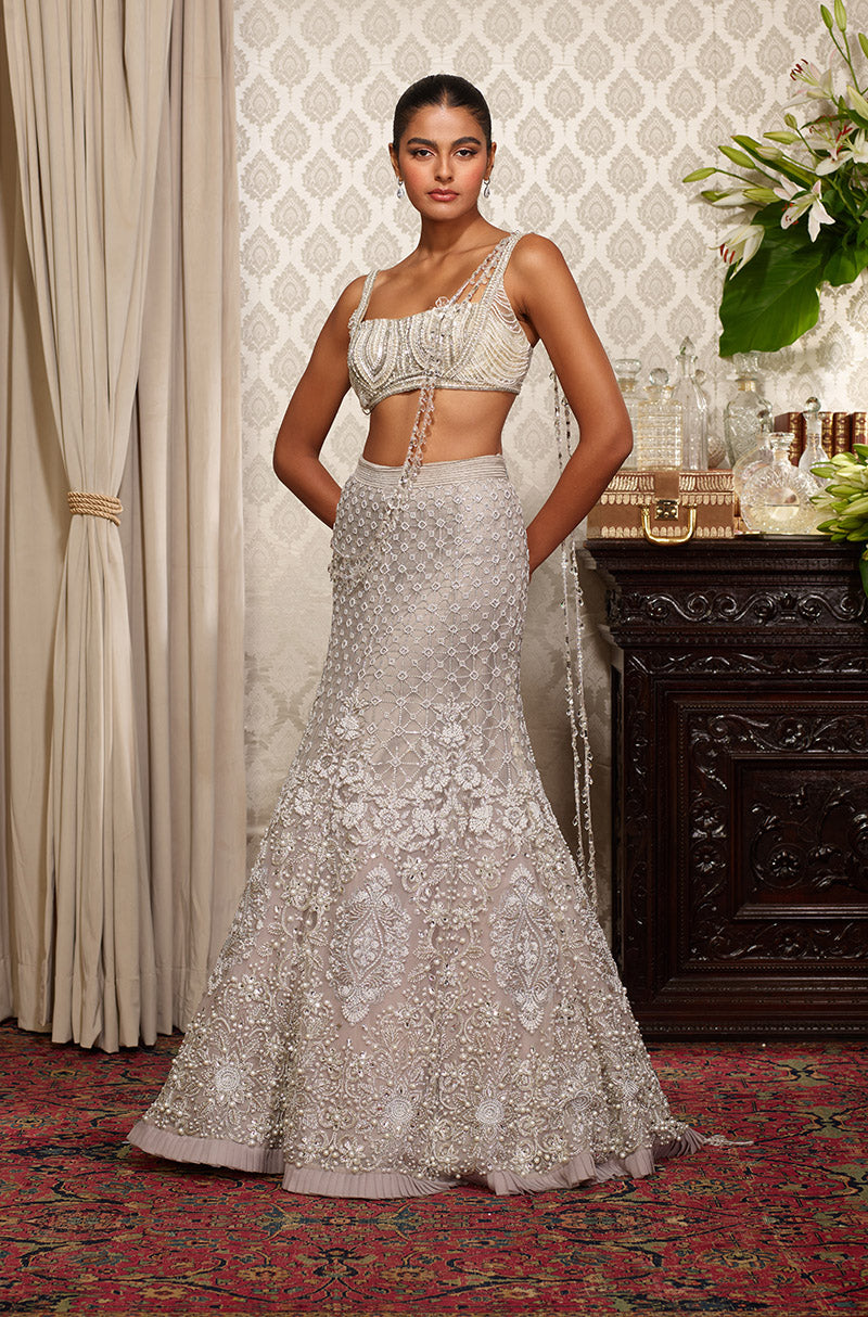 Grey Tulle Embroidered Fish Cut Skirt Set
