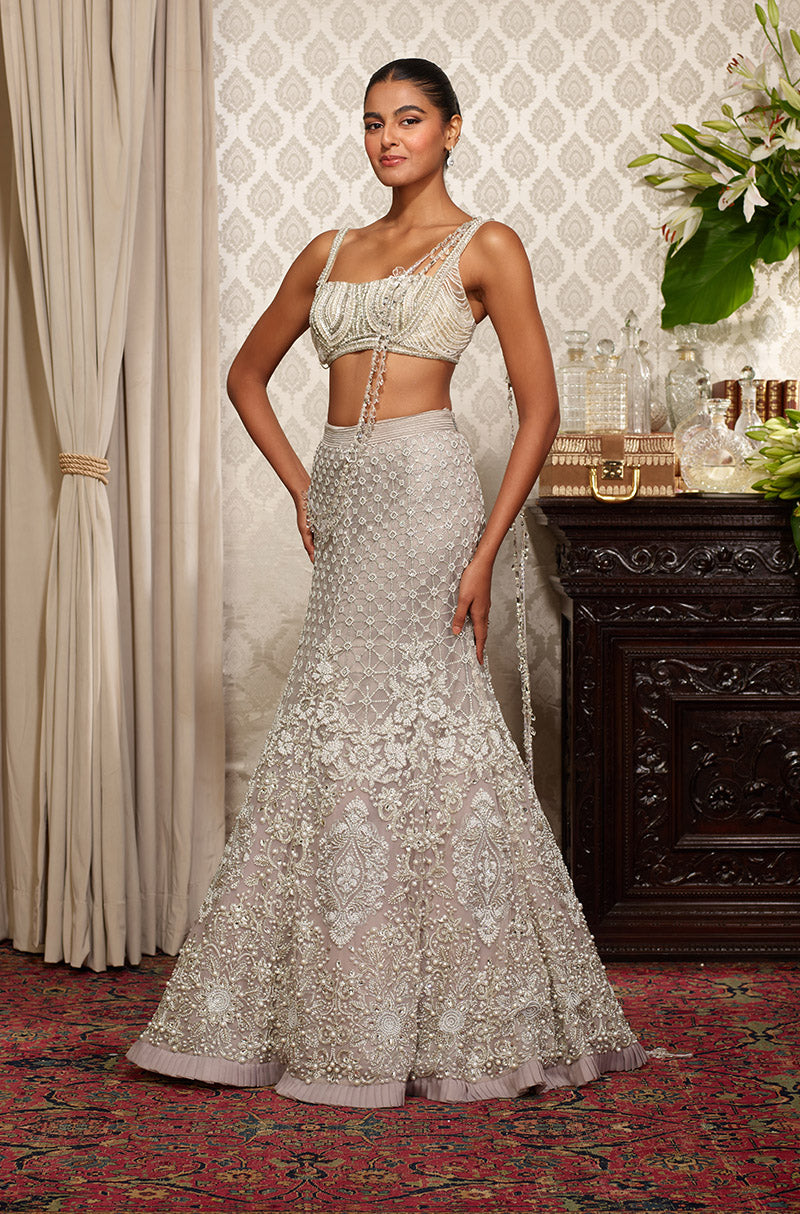 Grey Tulle Embroidered Fish Cut Skirt Set