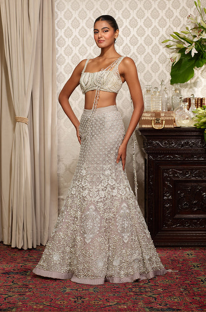 Grey Tulle Embroidered Fish Cut Skirt Set