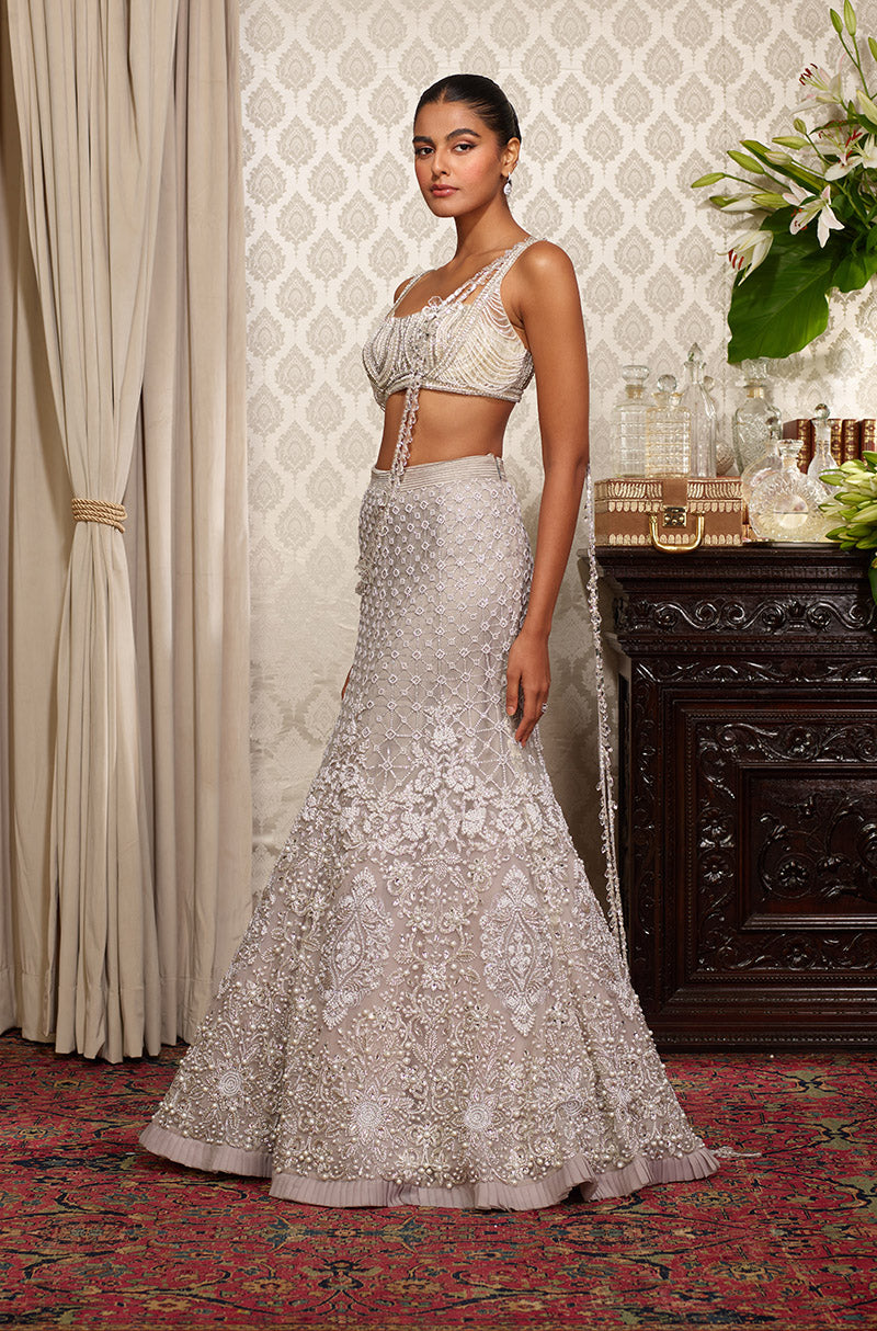 Grey Tulle Embroidered Fish Cut Skirt Set