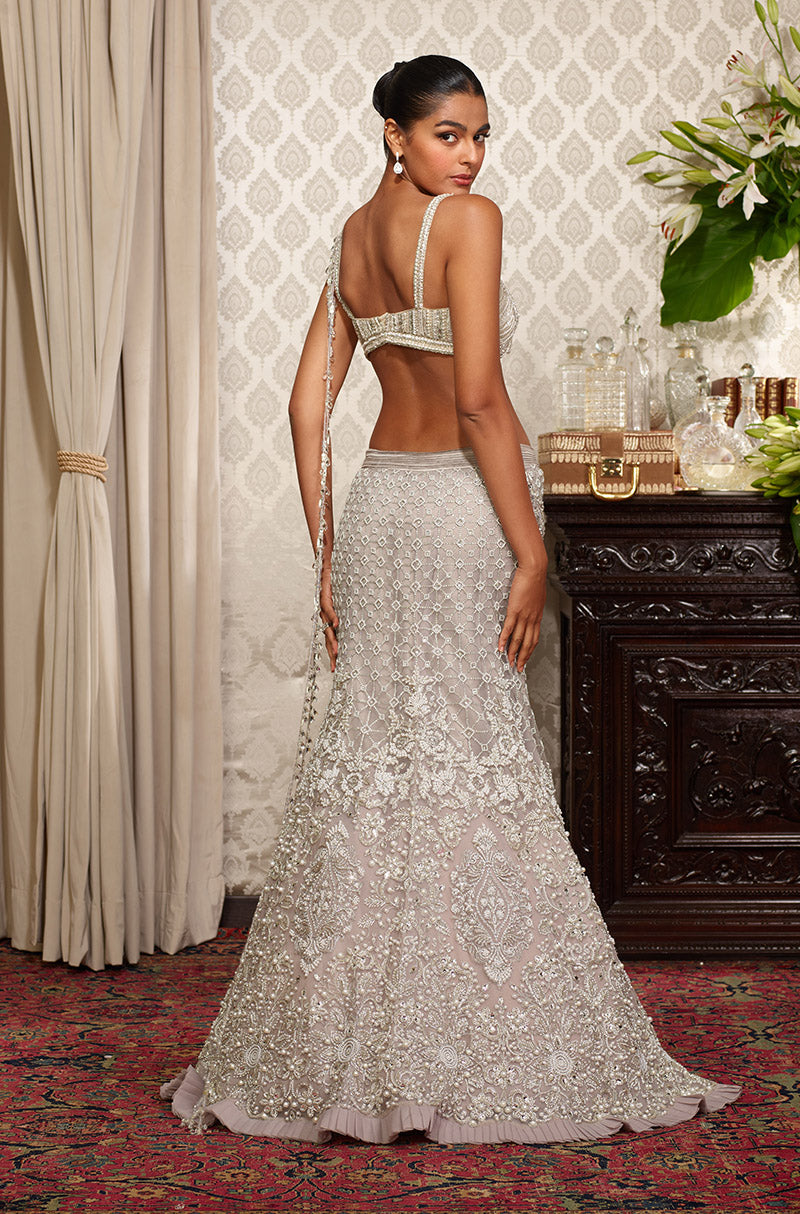 Grey Tulle Embroidered Fish Cut Skirt Set