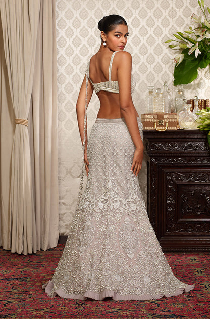 Grey Tulle Embroidered Fish Cut Skirt Set