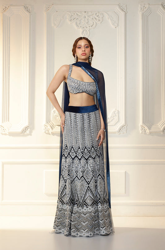 Navy Velvet Slim Embellished Skirt Set