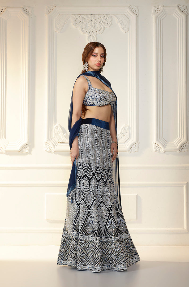 Navy Velvet Slim Embellished Skirt Set