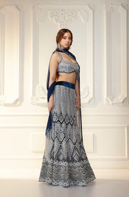 Navy Velvet Slim Embellished Skirt Set