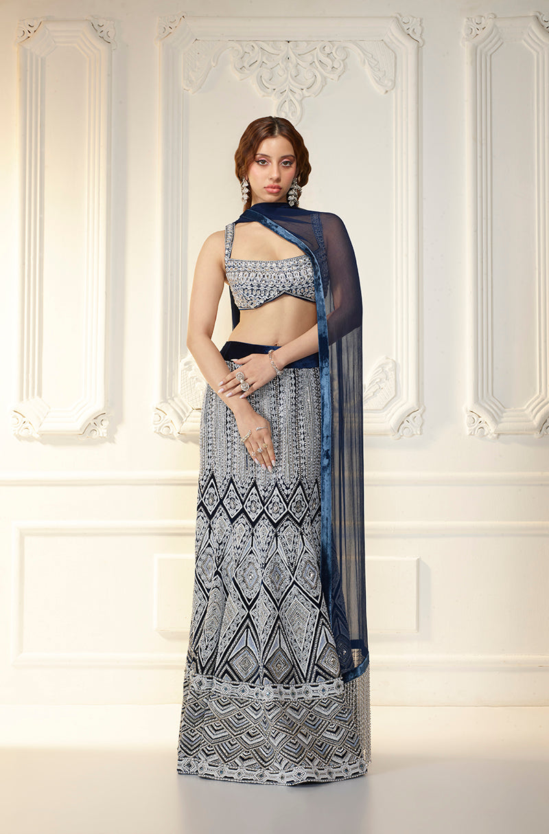 Navy Velvet Slim Embellished Skirt Set